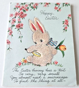 Tarjeta de Pascua de colección sello lindo conejito difuso flocado con tulipán - Imagen 1 de 3