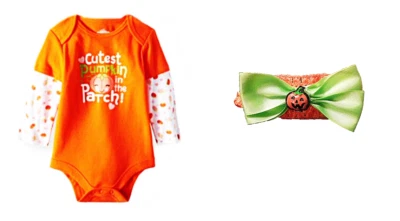 最可爱的南瓜补丁万圣节紧身衣 + 匹配弓 NB 到 24 个月  — 第 1/4 张图片