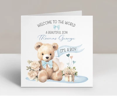 Personalised New Baby Boy Card It's a Boy Welcome to the world Vintage Teddy - Image 1 of 2