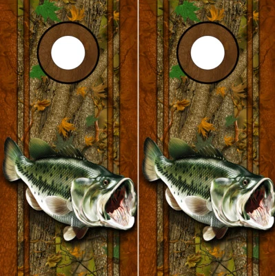 Cornhole Decals Wraps Fishing Graphics Bass Fishing Forest Camouflage 001LR - Image 1 of 2