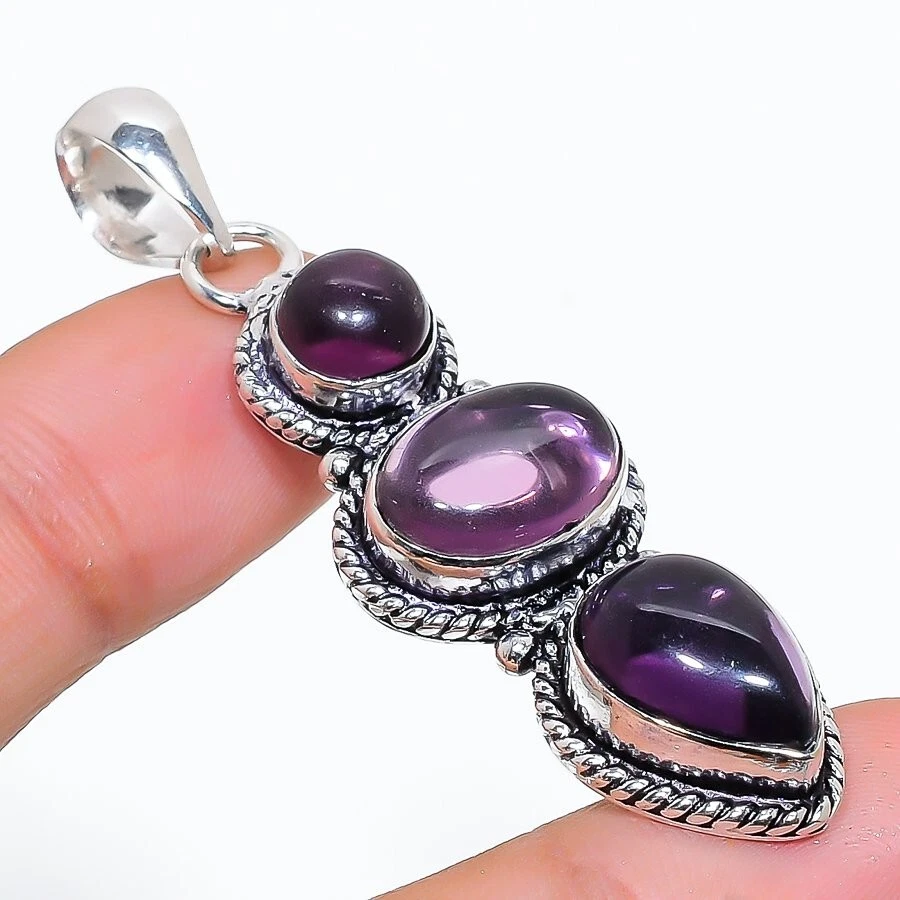 Purple Amethyst Gemstone Handmade 925 Sterling Silver Jewelry Pendant Size 2" - Image 1 of 1