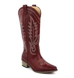 Red Womens Western Cowboy Boots Snip Toe Leather Knee High Cowgirl AZARWOMAN - Picture 1 of 6