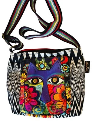 LAUREL BURCH BLACK-WHITE CROSSBODY, PURPLE CAT, FLOWERS, WOOD BEADS, WOVEN STRAP - Image 1 of 4