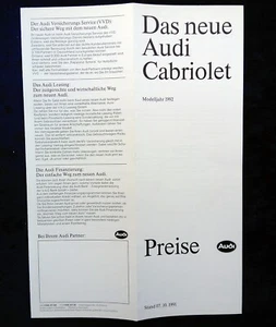 AUDI Cabriolet / Cabrio Preisliste vom 07.10.1991 Modelljahr 1992 - Picture 1 of 2
