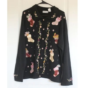 B P Design Gr. XL schwarz bestickt Perlen Weihnachten Strickjacke Pullover Vintage - Bild 1 von 8