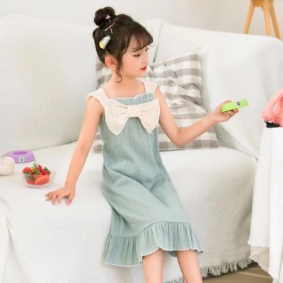 Kid Girls Child Nightdress Cotton Pajamas Ruffle Dress Sleepwear Sleeveless Cute - Image 1 of 4