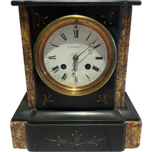 Antique Houdebine & Cie Paris 8 Day Mantel Clock Black Slate Marble Inlay 19th C - Picture 1 of 17
