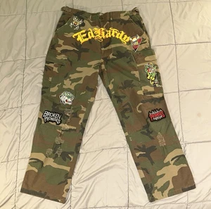 Ed Hardy By Broken Promises Baggy Camo Pants Men Sz 36x32 Embroidered Distressed - Picture 1 of 15