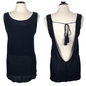 Yaya Aflalo Navy Blue Linen Blend Low Back Ribbed Knit Tank Top Women's Size M - Picture 1 of 9