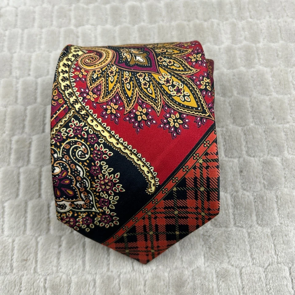 Corbata de seda Brioni dorada negra roja a cuadros estampado cachemir hecha en Italia *LEER Foto 1 de 4