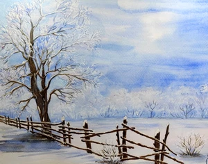 Watercolor Original Unframed painting, Winter Landscape Painting, Handmade Gift. - Picture 1 of 7