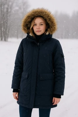 Abrigo parka medio azul marino 13/NYC para mujer L - capucha de piel sintética, plumón de pato invierno nieve Foto 1 de 4