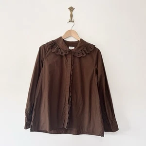 Toast Cotton Brown Poplin Shirt Size 12 Statement Collar Embroidered Minimal - Picture 1 of 8