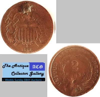 1866 US Copper Two Cent Piece 🪙 Civil War Era 🪙Antique🪙Dent - Image 1 of 4