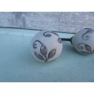 Vintage Drawer Pull Ceramic Gray Floral Leaves Handle Cabinet Dresser Door Knob - Picture 1 of 4