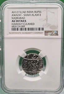 AH1215 42 INDIA SILVER  RUPEE AWADH-SHAH ALAM II NAJIBABAD NGC AU DETAILS - Picture 1 of 2