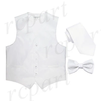 New Men's Solid Tuxedo Vest Waistcoat Necktie & Bowtie Set Prom formal White - Image 1 of 4