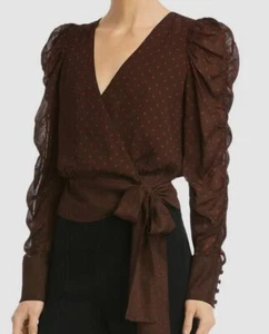 $498 Bailey 44 Women's Brown Crossover V-Neck Ruched Puff-Sleeve Wrap Top Size S - Picture 1 of 2