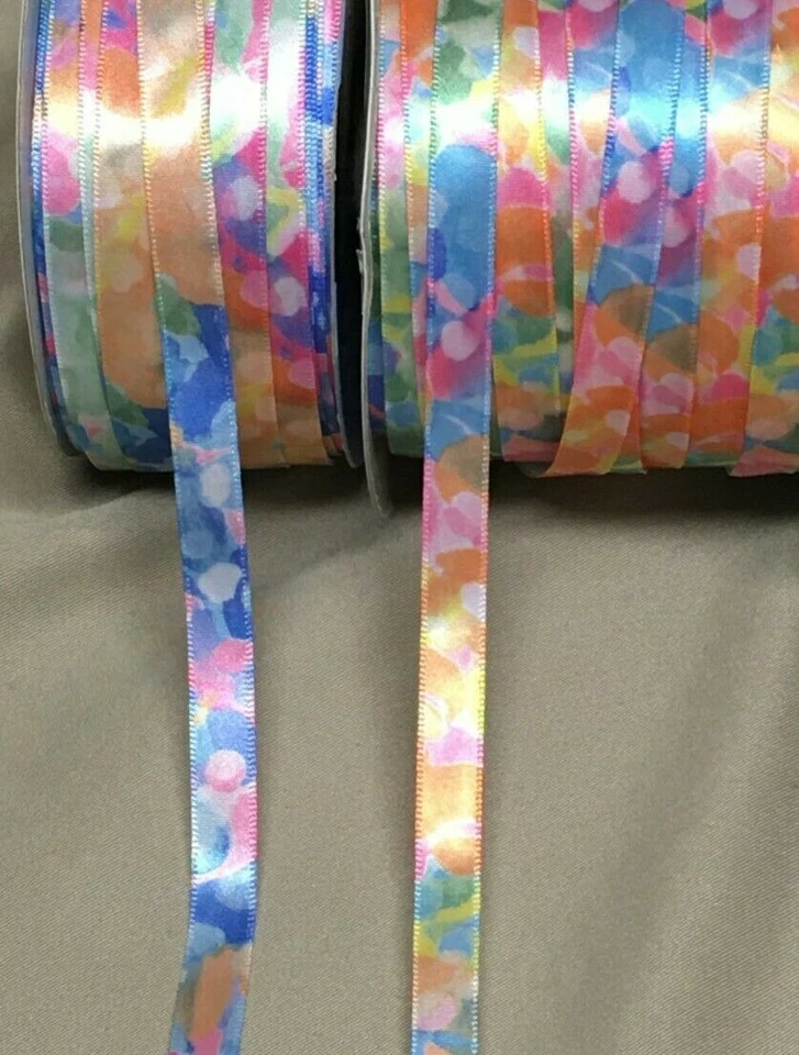 10 yds. MULTI COLOR SPLATTER  SINGLE FACE SATIN RIBBON 3/8" w  (2 colors) - Image 1 of 1