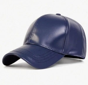 Navy Blue Leather Baseball Cap Hat, Mens, Womans, Adjustable Faux Leather Vegan - Picture 1 of 3