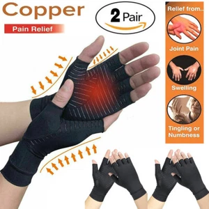 2 Pairs Anti Arthritis Compression Gloves Copper Fingerless Hand Pain Support  - Picture 1 of 15