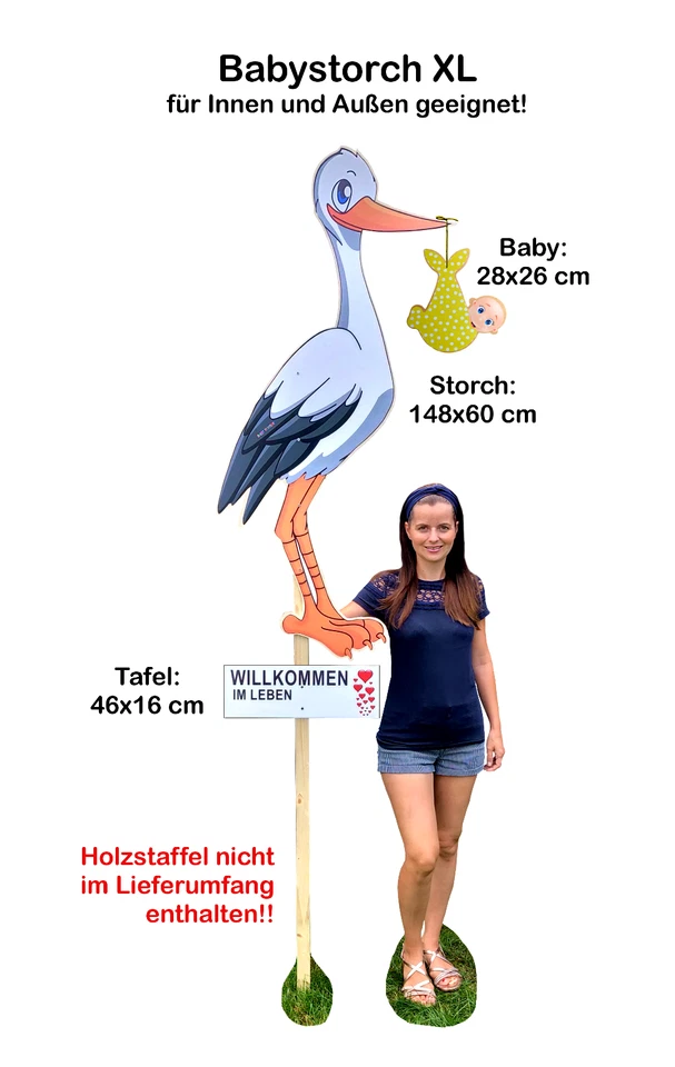 XL 148 cm Storch aus Holz zur Geburt Baby-Storch & Tafel & Baby in GELB SET - Bild 1 von 3