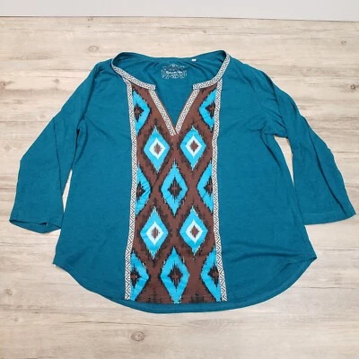 Panhandle Slim V Neck Shirt Womens XL Blue Western Print - Image 1 of 4