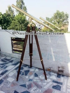 39" Vintage Brass Marine Nautical Telescope Wooden Tripod Adjustable Stand Décor - Picture 1 of 3