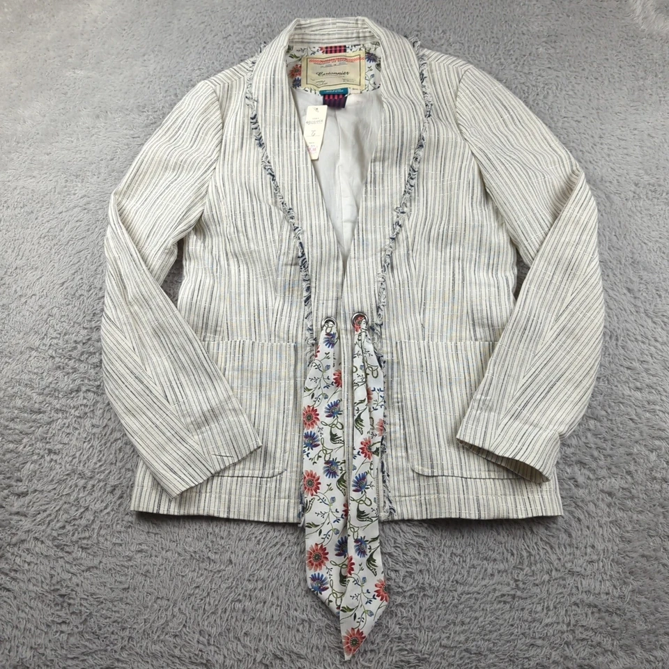 Blazer Cartonnier Mujer 6 Blanco Azul Rayas Flecos Mezcla de Lino Cinch Abrigo Deportivo Foto 1 de 4