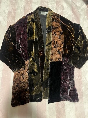Chaqueta Kimono Chico’s Design Terciopelo Patchwork Talla 2 Estampado Asiático 80% Rayón Foto 1 de 4