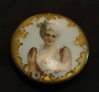 Antique Hand Painted LADY PORTRAIT Porcelain Stud Button w/Gold Border 1 3/8"