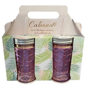 Juego de 2 tazas Tiki Sipper con pajitas rosa cabaña NUEVO - Imagen 1 de 2