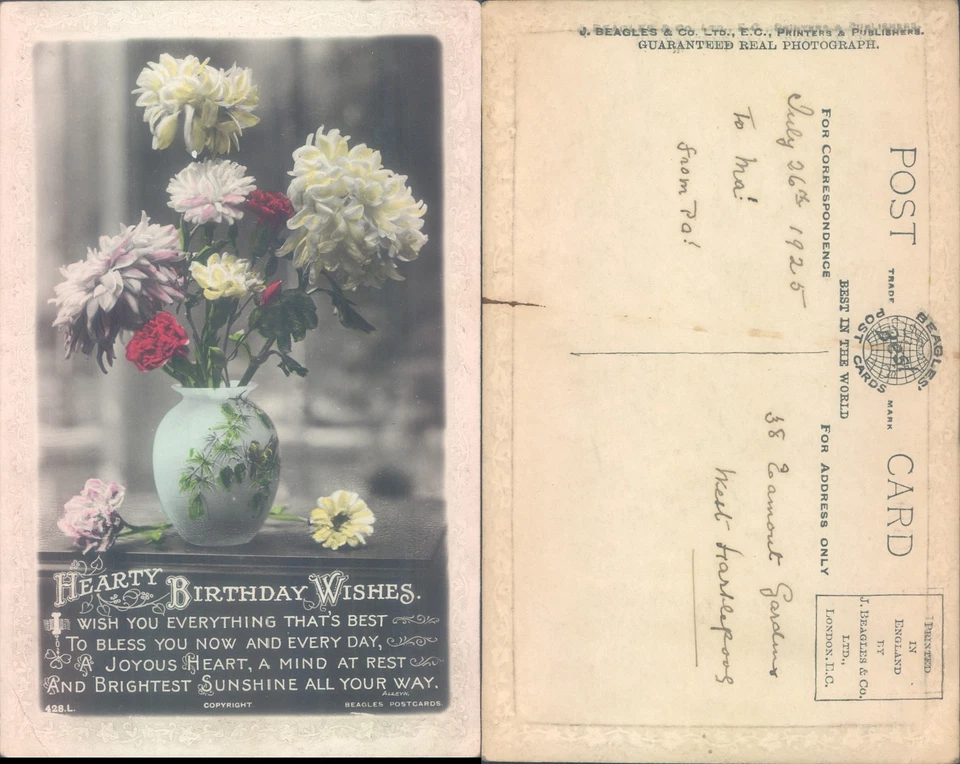 Birthday wishes with flowers J Beagles Co Ltd 1925 postmark Floral Gardens - Image 1 of 1
