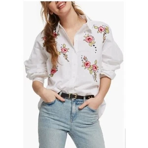 Camisa Topshop Talla 10 Love Me Grace Bordada Blanco Rosa Rosas Mangas Largas - Imagen 1 de 12