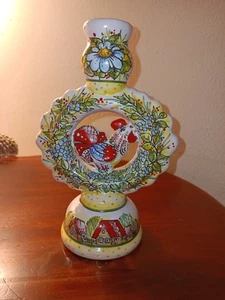 Russian Hand Painted Pottery Candle Holder With Chicken 7.5" - Picture 1 of 12