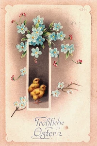 Feliz Pascua Dos Pollitos de Pascua y Flores Azules Tarjeta Postal Vintage en Relieve B275 - Imagen 1 de 2