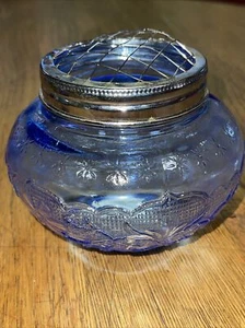 Floral Blue Pressed Glass Jar with Wire Flower Arranger Lid 3.5" - Picture 1 of 7