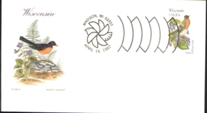 WISCONSIN BIRD & FLOWER 1982 ROBIN & WOOD VIOLET HOUSE OF FARNAM CACHET FDC MADI - Picture 1 of 1