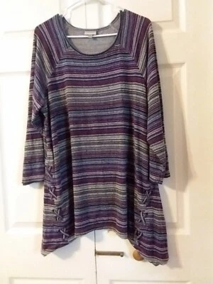 Avenue Women"s Sweater Tunic Size 18/20 Purple Striped Asymmetrical Hem Stretch - Image 1 of 4