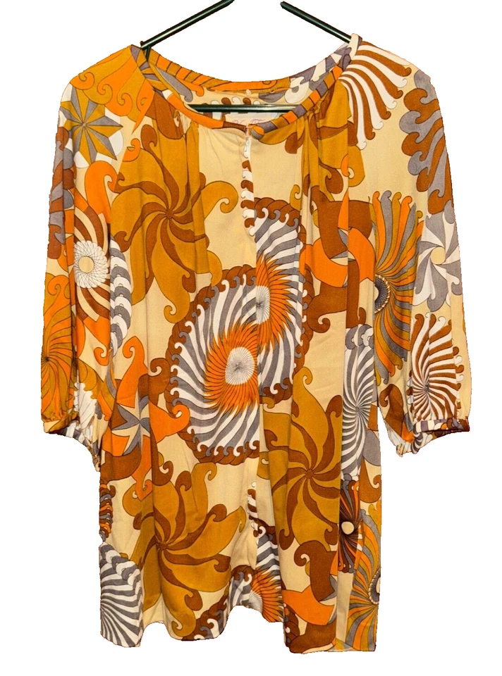 Винтажный 60-х Vanity Fair женщин маленький психоделический FUNKY Swirl Топ туника золото - Изображение 1 из 3