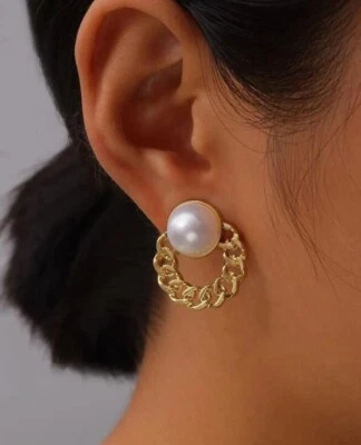 Womens Girls White Faux Pearl Gold Metal Chain Stud Earrings Wedding Party Gift - Image 1 of 4