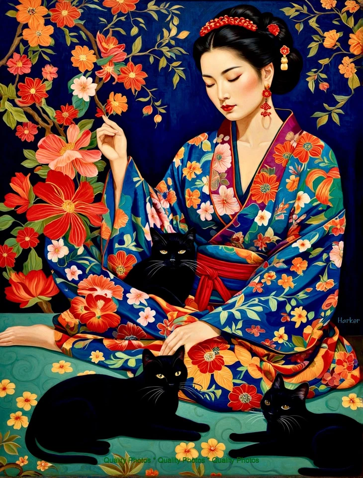 Impresión fotográfica Kandinsky/Harker arte de mujer china patrón floral gatos negros 8,5x11" Foto 1 de 1