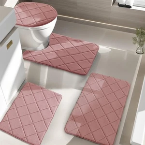 Pink Bathroom Rug Sets 4 Piece, Non Slip Memory Foam Bathroom Rugs, Machine W... - Picture 1 of 7