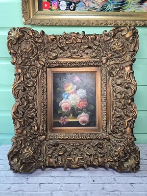 Gruesa pintura al óleo vintage antigua floral bodegón a bordo estilo victoriano Foto 1 de 4