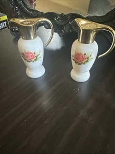 Avon White Milk Glass Bottle/Pitcher Pink Rose Appliqué 3” Tall Parisian Garden - Picture 1 of 6