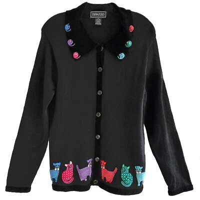 Terazzo SZ M Kitty Cat Mouse Black Red Cyan Beads Jewel Chenille Accent Cardigan - Image 1 of 4