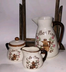 70’s Vintage Ceramic Tea Coffee Time Pot Cream & Sugar Set Brown Floral Grinder - Picture 1 of 14