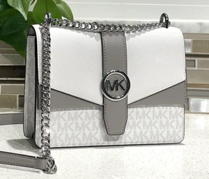 MICHAEL KORS GREENWICH SMALL FLAP CROSSBODY MK CHAIN BAG TOTE MK WHITE GREY LOGO - Picture 1 of 13