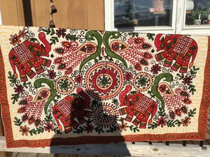 Indian Mirror Floral Embroidered Elephant And Peacock Tapestry - Picture 1 of 12