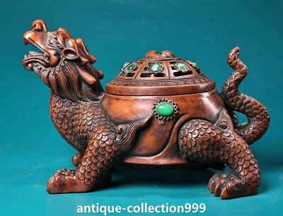9.4"Old Red Copper Inlay Gems Eight Trigrams Dragon Turtle Incense Burner Censer - Image 1 of 4